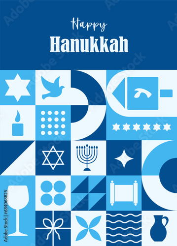 Happy Hanukkah greeting card. Bauhaus background with simple shapes and elements. Trendy minimalist card. Vector illustration in neo geometric style. Traditional Jewish festival of Lights.