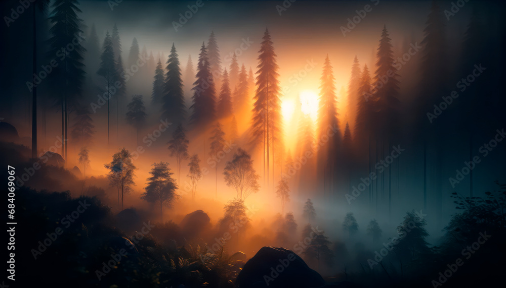 Sunset glow piercing through a fog covered forest. Tranquil nature background. Generative AI Sunset glow piercing through a fog covered forest. Tranquil nature background. Generative AI
