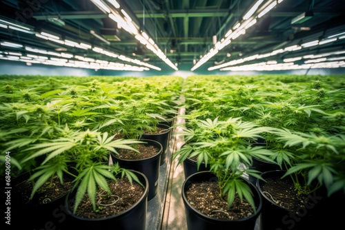 Marijuana and Cannabis plants in a greenhouse nursery laboratory background.