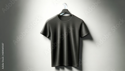 Dark grey t-shirt mockup on hanger against light grey background. Apparel mockup in soft lighting. Generative AI photo