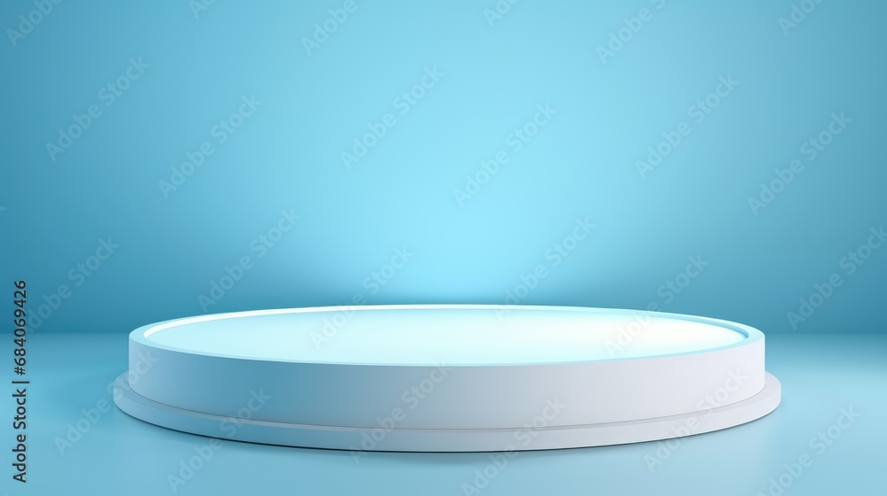 The podium is a light blue wall of a round shape with beautiful backlighting. Trendy modern background for presentation high resolution