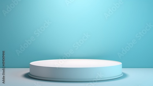 The podium is a light blue wall of a round shape with beautiful backlighting. Trendy modern background for presentation high resolution