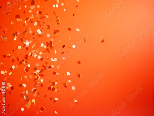Vibrant red confetti explosion on an orange gradient background, festive joy. Generative AI