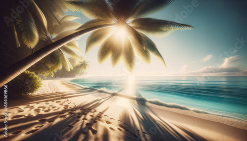 Radiant sunrise over a tropical beach with vivid sky and sea. Inspiration and serenity concept. Generative AI