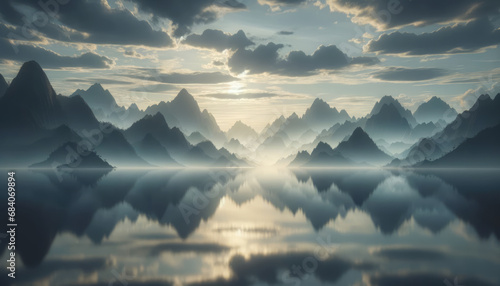 Misty mountain range with tranquil lake and cloudy skies. Serenity and nature concept. Generative AI