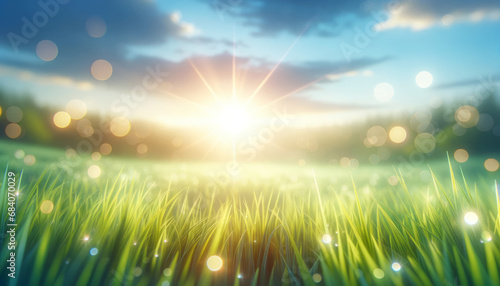 Radiant sun flare over a dewy meadow  a symphony of light and life. Uplifting and vibrant concept. Generative AI