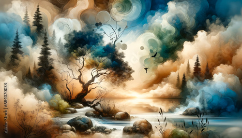 Surreal landscape blending trees and clouds into a fluid dreamscape. Mysterious and serene concept. Generative AI