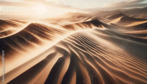 Majestic desert dunes with wind patterns, cast in the golden glow of sunrise. Solitude concept. Generative AI © Who is Danny