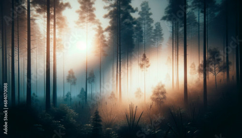 Sunrise through the mist in a pine forest. New beginnings background. Generative AI