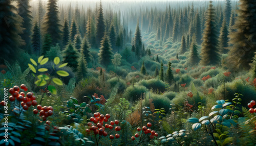 Sunlit forest with vibrant berries and lush foliage, a serene natural background. Generative AI