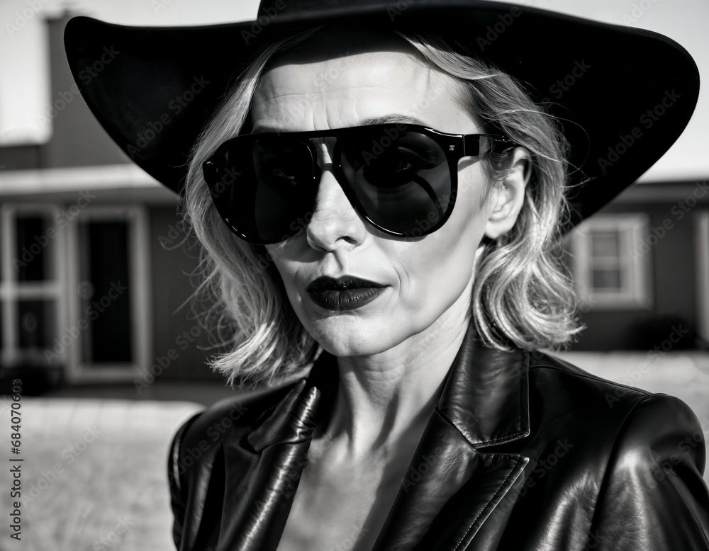 photo of beautiful middle aged american woman with sunglasses and gloves and cowboy hat and black suit at farm field, generative AI photo of beautiful middle aged american woman with sunglasses and gloves and cowboy hat and black suit at farm field, generative AI