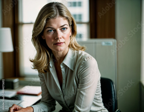 photo of beautiful middle aged american woman as a secretary at the office, generative AI