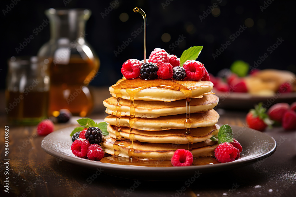 Pancakes with berries and syrup. Generative Ai Pancakes with berries and syrup. Generative Ai