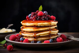 Pancakes with berries and syrup. Generative Ai