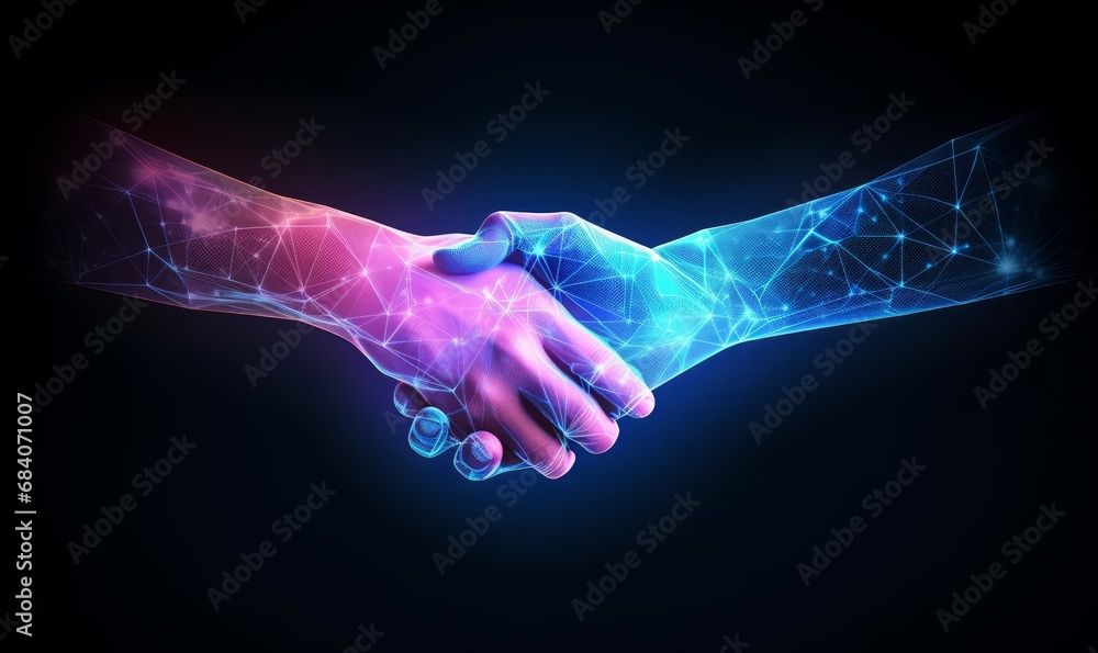 Handshake in digital futuristic style. The concept of partnership, collaboration or teamwork.  illustration with light effect and neon, Generative AI 