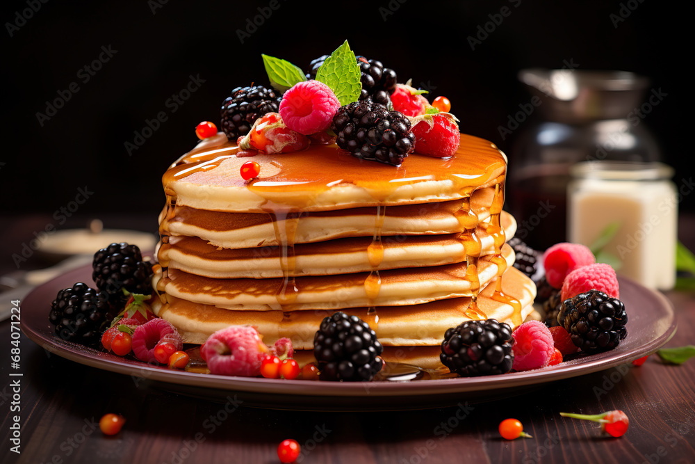 Pancakes with berries and syrup. Generative Ai Pancakes with berries and syrup. Generative Ai