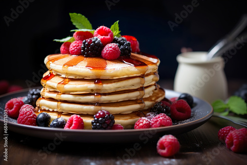 Pancakes with berries and syrup. Generative Ai