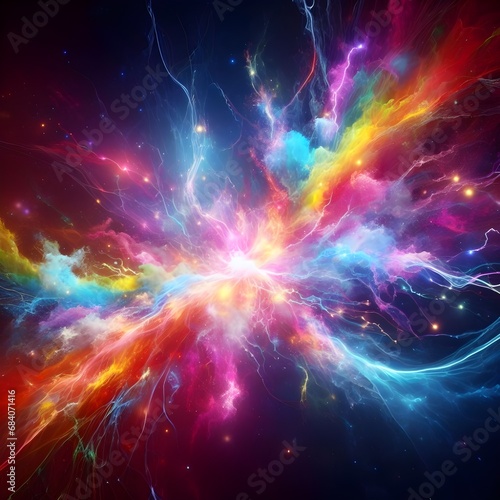 Colorful rainbow lightning explosion in space. 