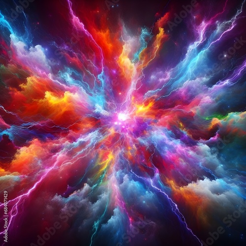 Colorful rainbow lightning explosion in space. 