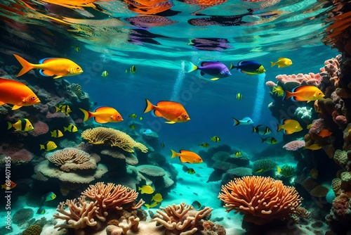 Tropical sea underwater fishes on coral reef. Aquarium oceanarium wildlife colorful marine panorama landscape nature snorkeling diving 