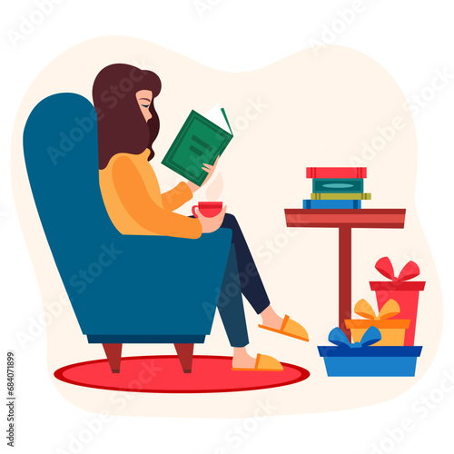Young girl reading book and sitting on comfortable armchair. Cute woman read book at home. Nice leisure on christmas holidays with interesting books.