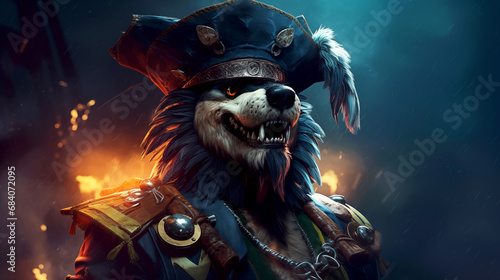 Big grey wolf in a pirate costume. Sea adventures. Viking beast on a ship photo