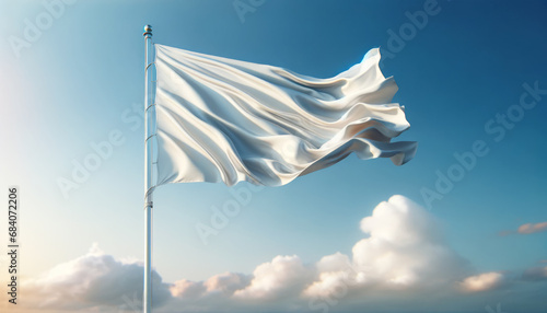 White flag soaring against blue sky, corporate identity mockup. Generative AI