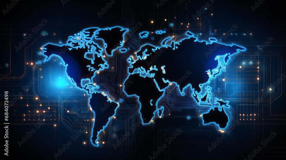 Generative AI. world map abstract technology vector background, circuit board world map concept.