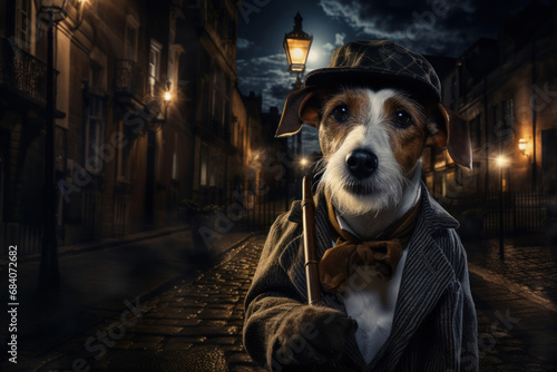 Smart Dog detective in a raincoat in old London at night. Animal in hat © bit24