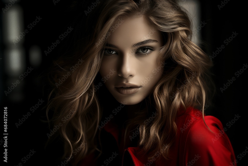Enigmatic Beauty in Red.
Enigmatic woman with soft curls wearing a vibrant red dress, set against a dark background.
