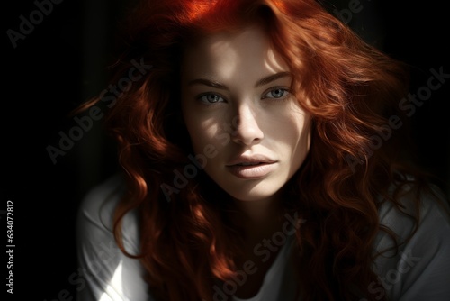 Red-haired Woman in Dramatic Lighting. A captivating portrait of a red-haired woman bathed in dramatic light and shadow.