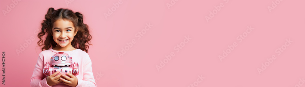 Smiling happy girl look straight into the camera with metal robot in her hands on pink studio background. Electric toys and learning robots at robotics horizontal studio plain banner copy paste Smiling happy girl look straight into the camera with metal robot in her hands on pink studio background. Electric toys and learning robots at robotics horizontal studio plain banner copy paste