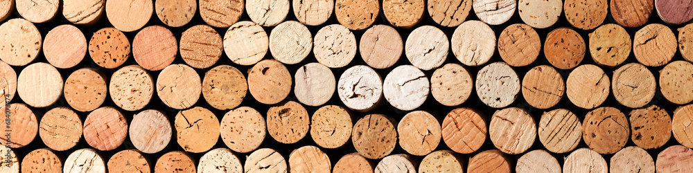 Long wide banner of wine cork from white wine, natural texture used bottle stoppers top view, beige gradient. horizontal format background from closeup wooden corks. Natural textured colored Long wide banner of wine cork from white wine, natural texture used bottle stoppers top view, beige gradient. horizontal format background from closeup wooden corks. Natural textured colored