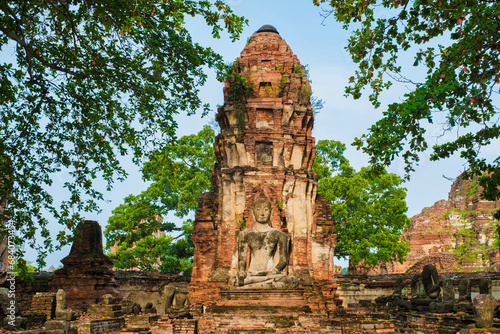 Ayutthaya, Thailand at Wat Mahathat, Temple Stupa Pagoda in the morning, Ayutthaya Historical Park covers the ruins of the old city of Ayutthaya, Phra Nakhon Si Ayutthaya Province, Thailand photo