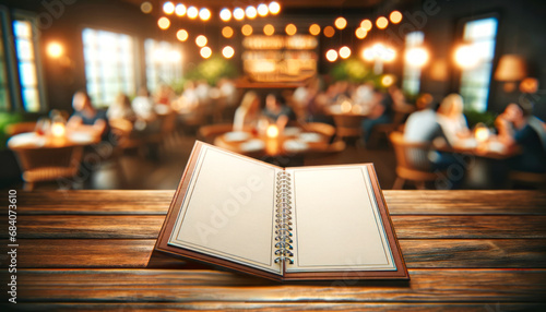 Fototapeta Naklejka Na Ścianę i Meble -  Warm cafe scene with blank notebook mockup on wood table, bokeh lights in background. Generative AI
