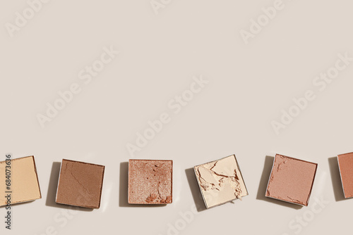 Natural colored eye shadow makeup palette, beige color gradient set of crushed face powder swatches. Cosmetics and beauty product, aesthetic cosmetics beauty pattern nude shades, copy space photo