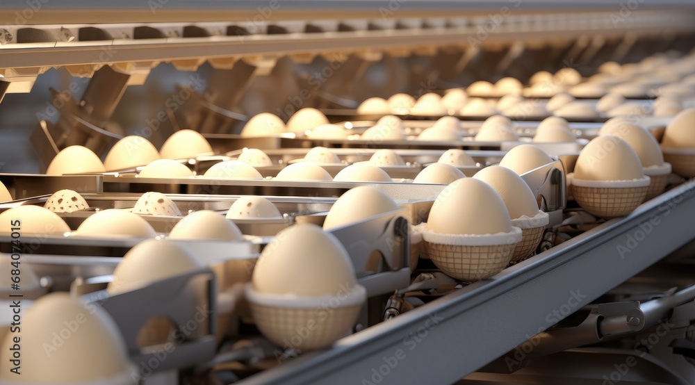 Egg packing industrial machine in food processing factory. Generative AI