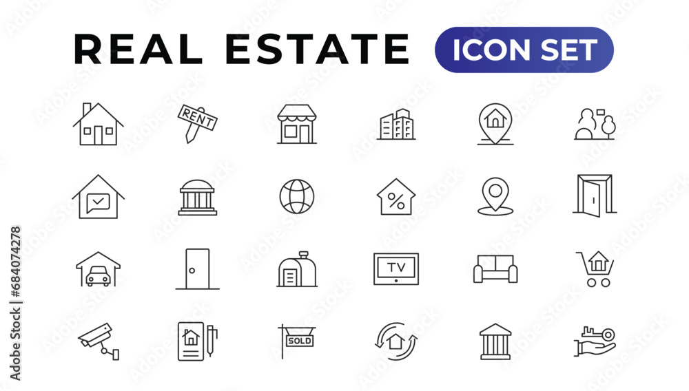 Real Estate minimal thin line web icon set. Included the icons as realty, property, mortgage, home loan and more. Outline icons collection. Real Estate minimal thin line web icon set. Included the icons as realty, property, mortgage, home loan and more. Outline icons collection.