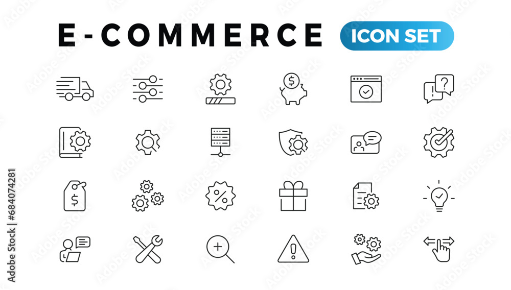E-commerce icon set. Online shopping and delivery elements. E-business symbol. Icons vector collection. E-commerce icon set. Online shopping and delivery elements. E-business symbol. Icons vector collection.