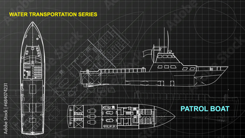 Patrol Boat model. Line art sketch wallpaper of water transportation series. Drafting art. Grid lines drawing against dark background.  photo