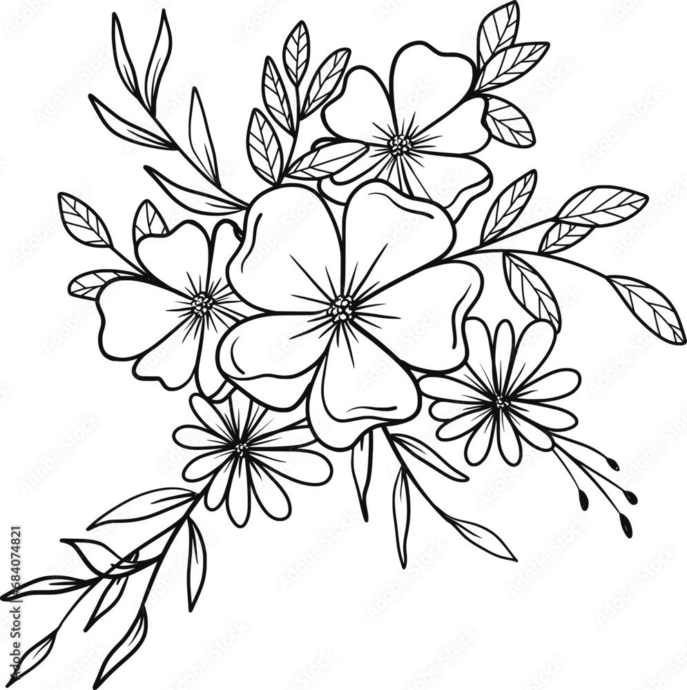 Obraz premium Hand-drawn floral arrangement outlines flowers and leaves bouquet