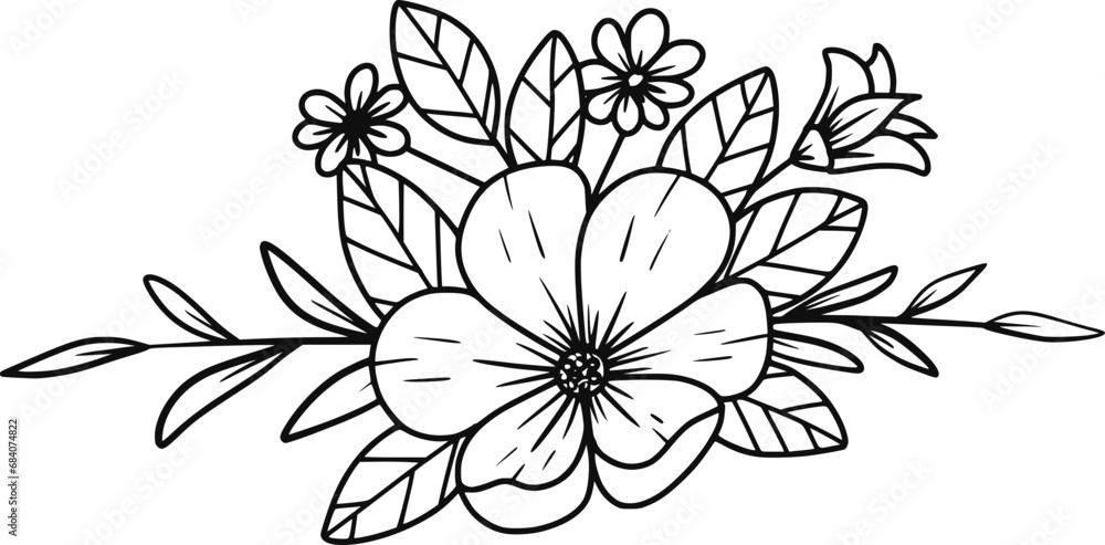 Hand-drawn floral arrangement outlines flowers and leaves bouquet