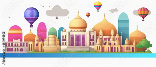 World Famous Landmarks Skyline Silhouette Style  Colorful  Cityscape  Travel and Tourist Attraction