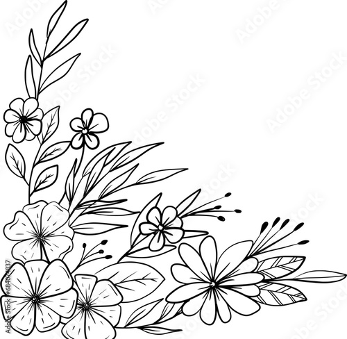 Hand-drawn floral arrangement outlines flowers and leaves bouquet