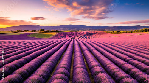 An aerial view of a lavender field with mountains in the background. Generative Ai 