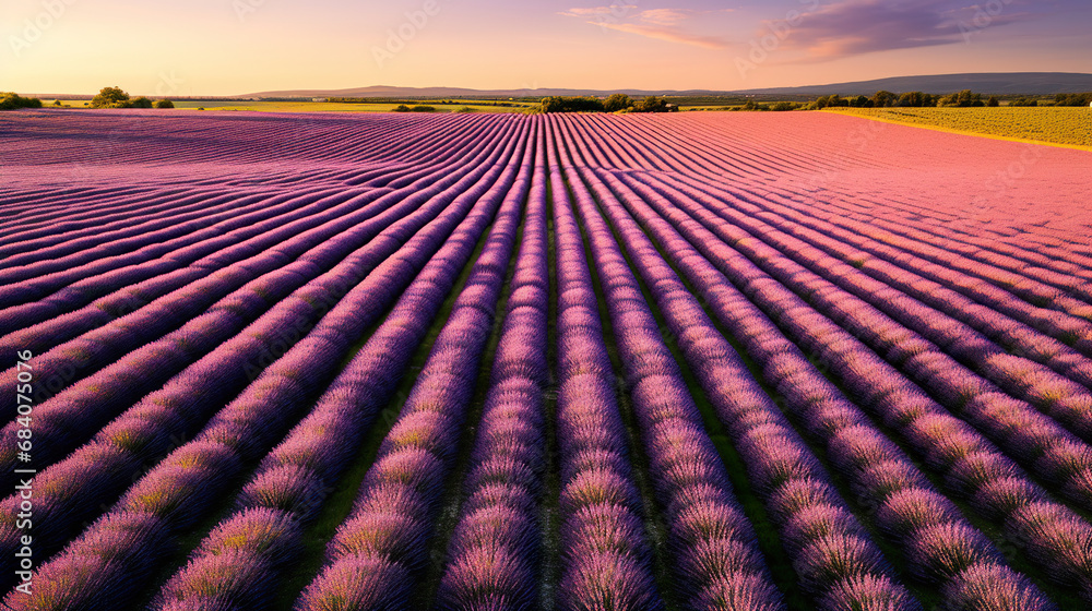 Fototapeta premium An aerial view of a lavender field with mountains in the background. Generative Ai 