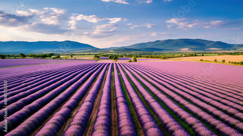 An aerial view of a lavender field with mountains in the background. Generative Ai 