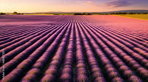 An aerial view of a lavender field with mountains in the background. Generative Ai 