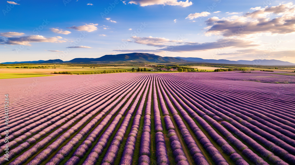 An aerial view of a lavender field with mountains in the background. Generative Ai An aerial view of a lavender field with mountains in the background. Generative Ai