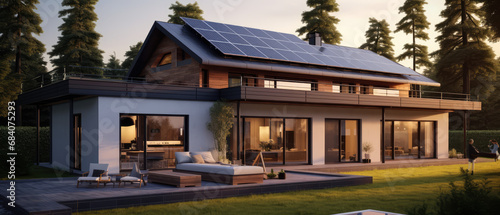 an elegent modern house with solar pannels on roof photo